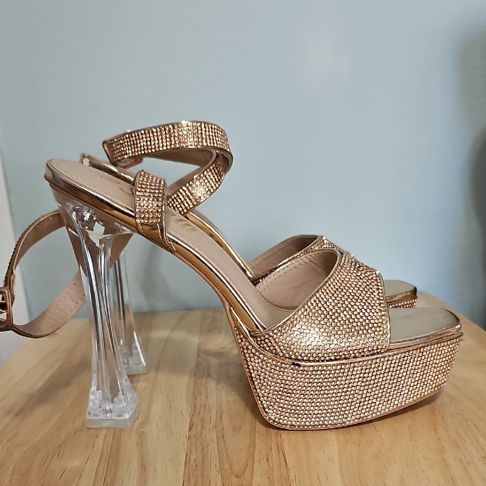 SHEIN Rose Gold Rhinestone Strap Block Heels - Picture 2 of 5